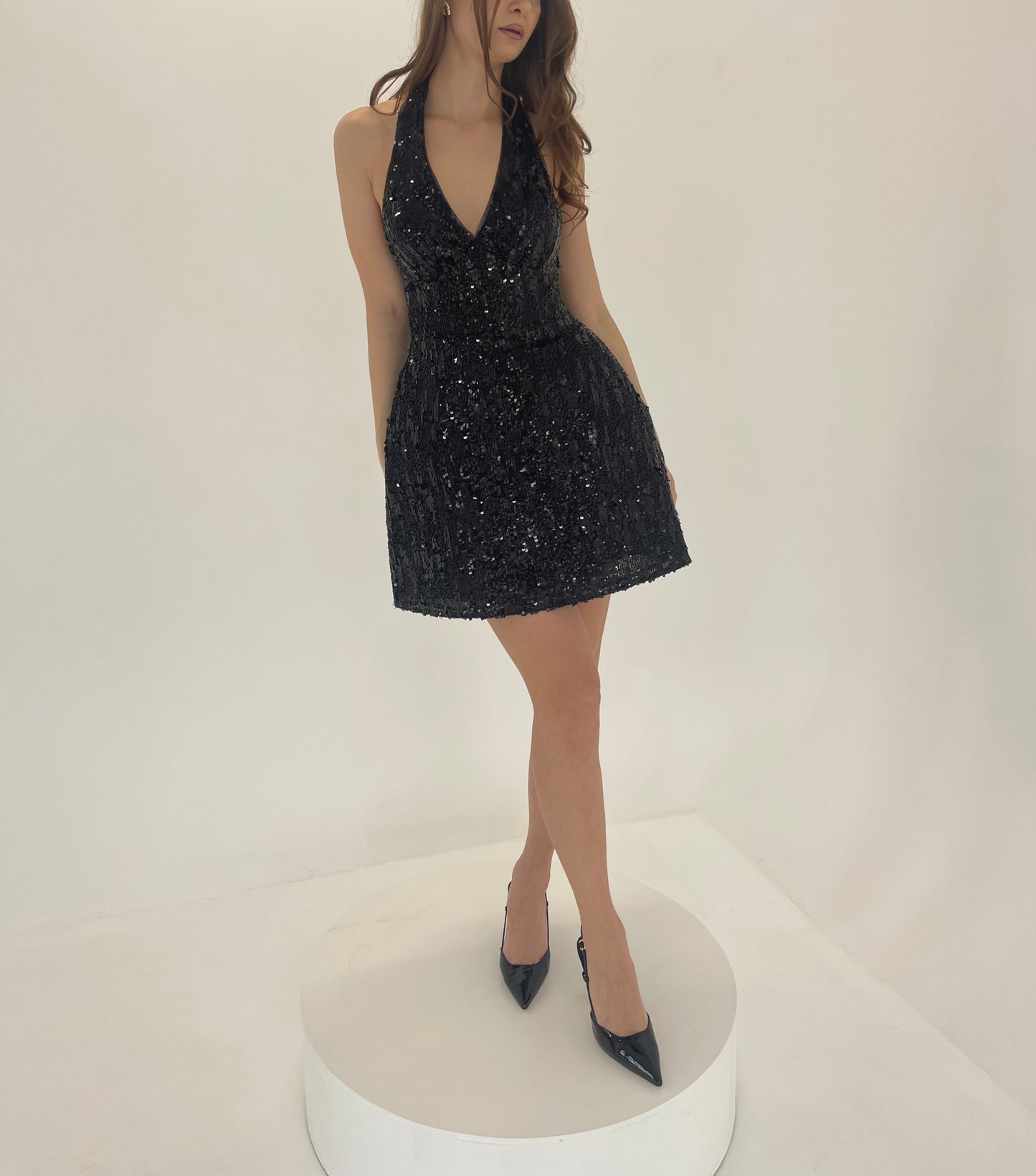 Love at First Sight – Black Sequin Halter Mini Dress